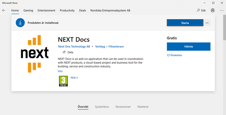 Microsoft Store — NEXT Docs app installert og klar til start