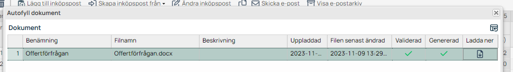 Autofyll dokument — dialog med dokumentliste og nedlastingsvalg