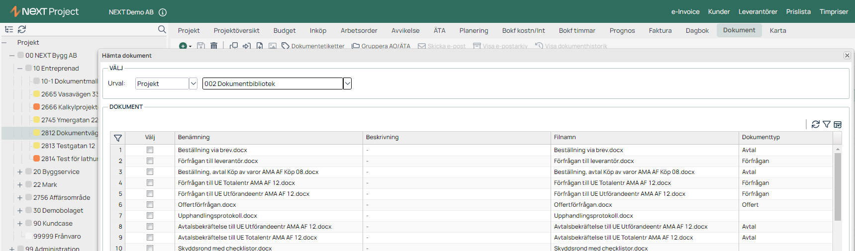 NEXT Project — Fetch Documents dialog from library
