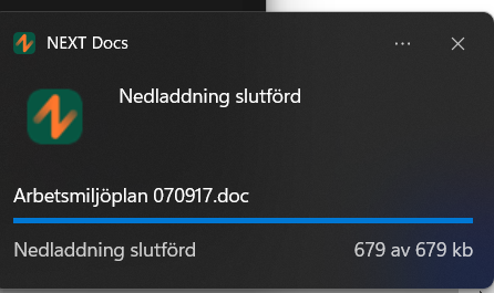 NEXT Docs — nedlasting av dokument fullført