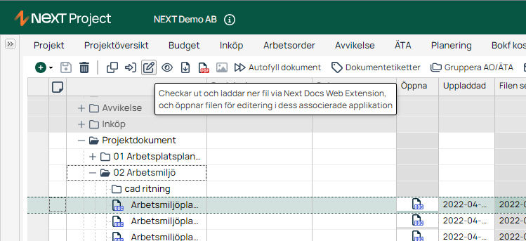 NEXT Project — dokumentliste med tooltip for utsjekking av fil
