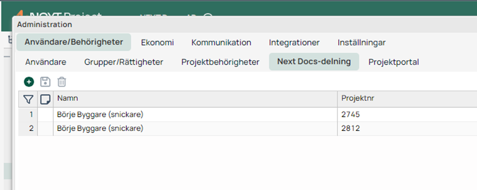 Administration — Next Docs-delning tab