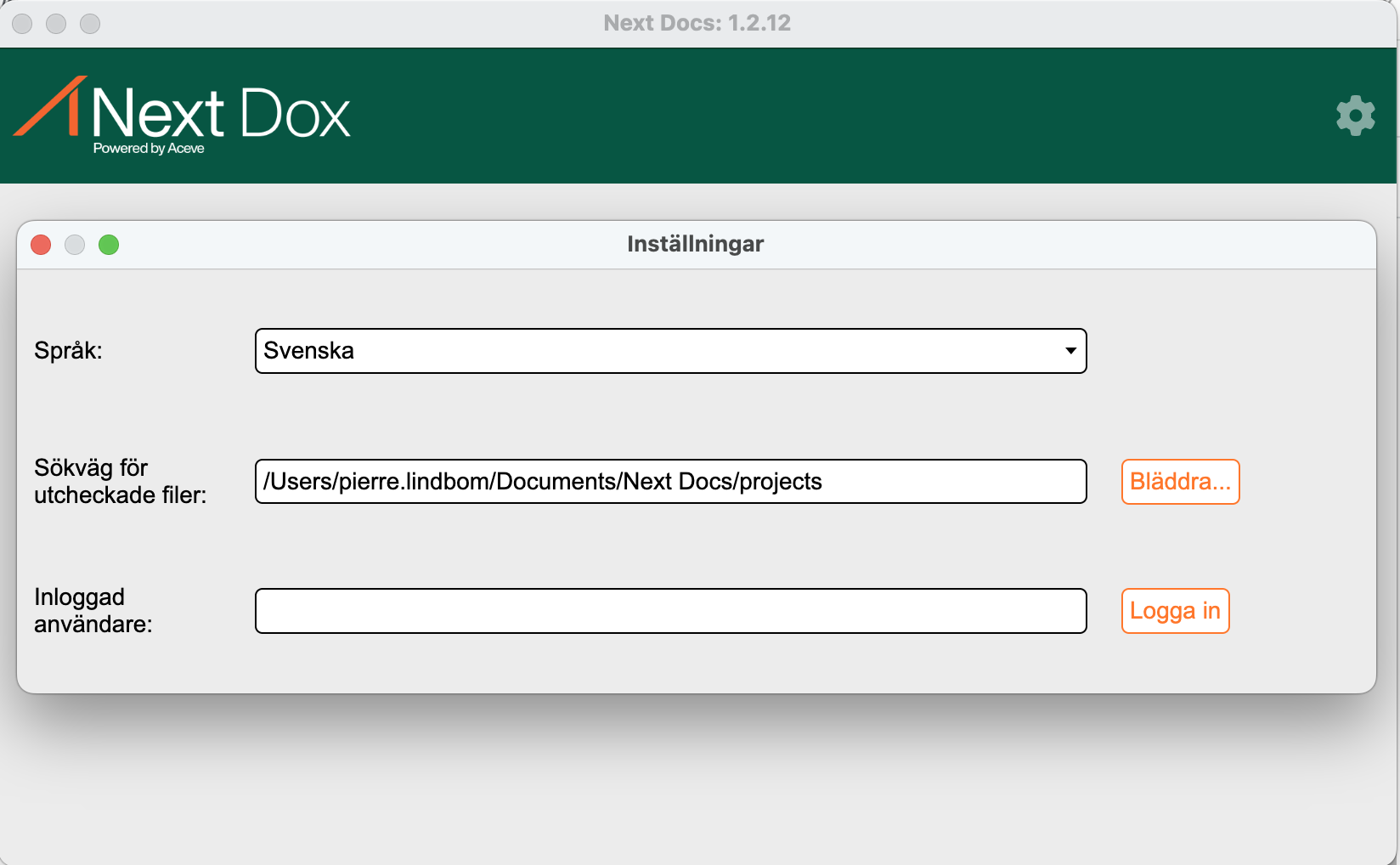 Next Dox inställningar — språk, sökväg och inloggning