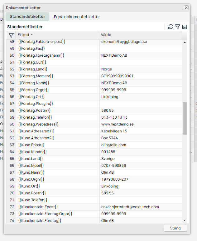 Dokumentetiketter — liste over standardetiketter med verdier