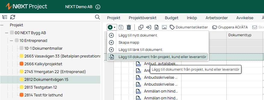 NEXT Project — Add document from project dropdown menu