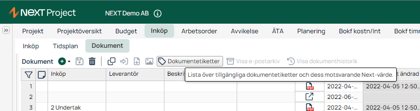 Innkjøp Dokument-fane med tooltip for dokumentetiketter