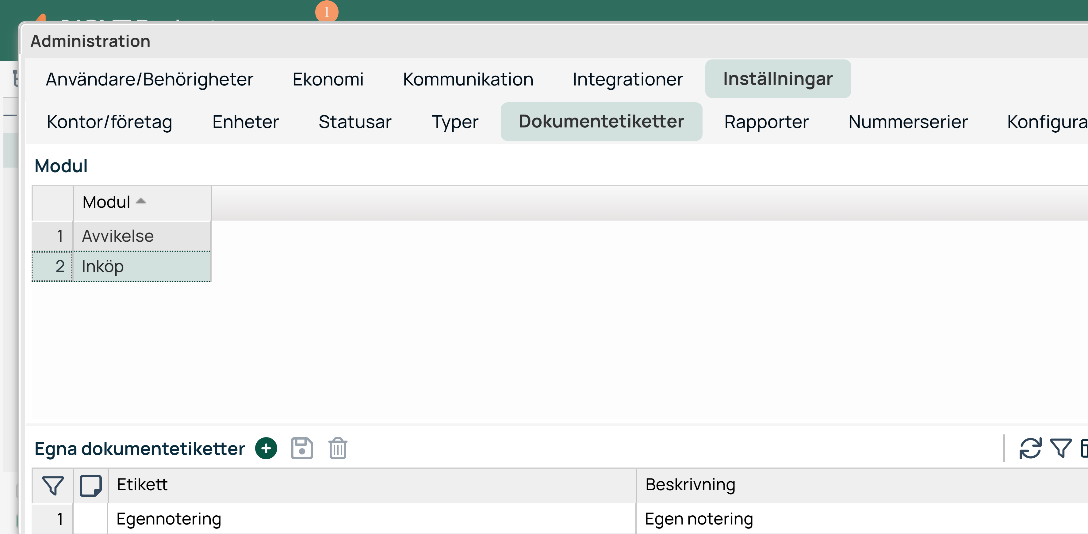Administration — Inställningar, Dokumentetiketter med modulval