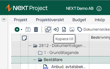 NEXT Project — Kopiera till-funktion i dokumentträd