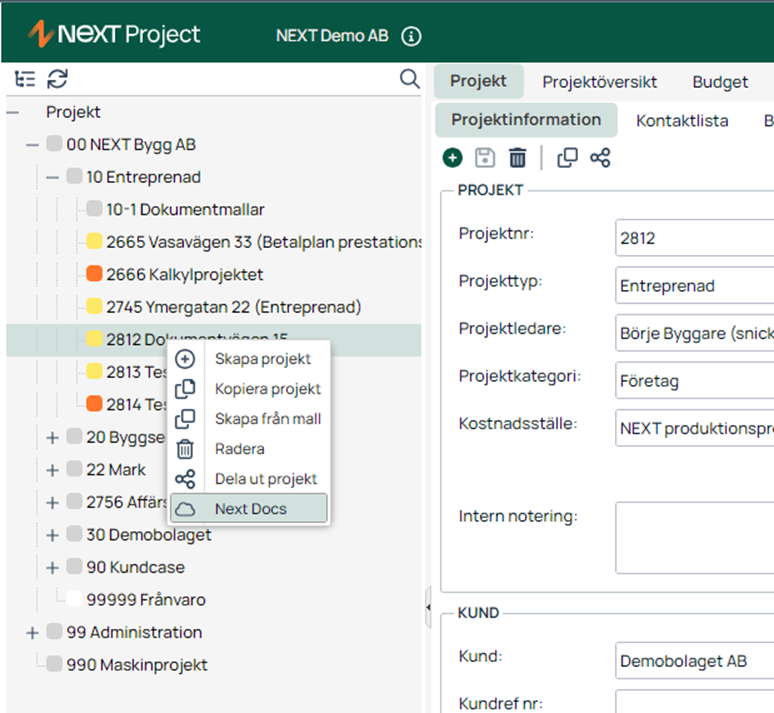 NEXT Project — högerklicksmeny på projekt i projektträd