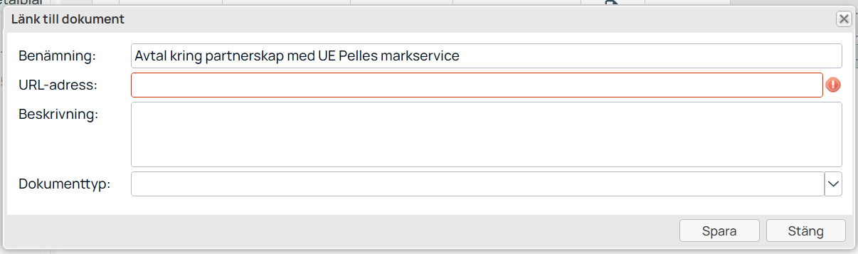 Dialog för att länka dokument med URL-adressfält