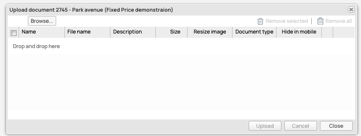 Upload Document dialog — empty file list