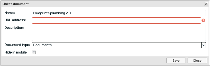 Link to Document dialog with URL validation error