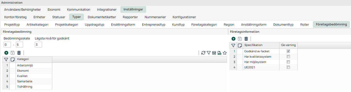 Inställningar — Företagsbedömning med kategorier och företagsinformation