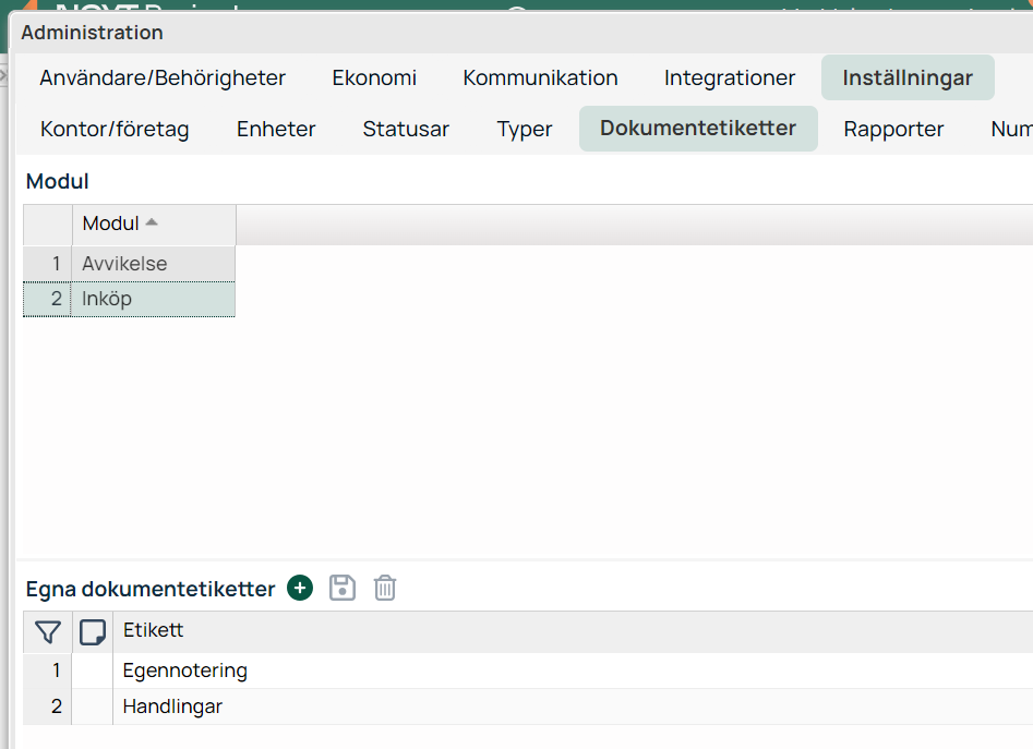 Administration — Inställningar, fliken Dokumentetiketter