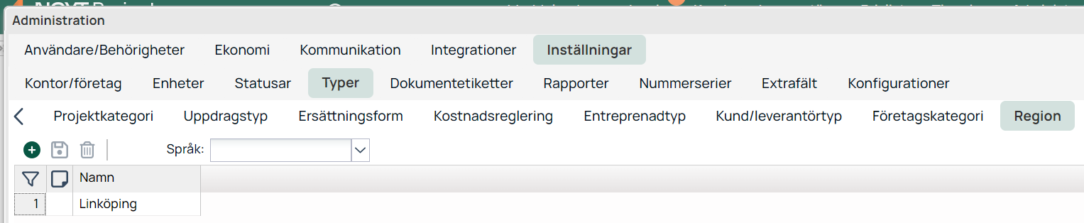 Administration — Inställningar, Typer, Region-lista