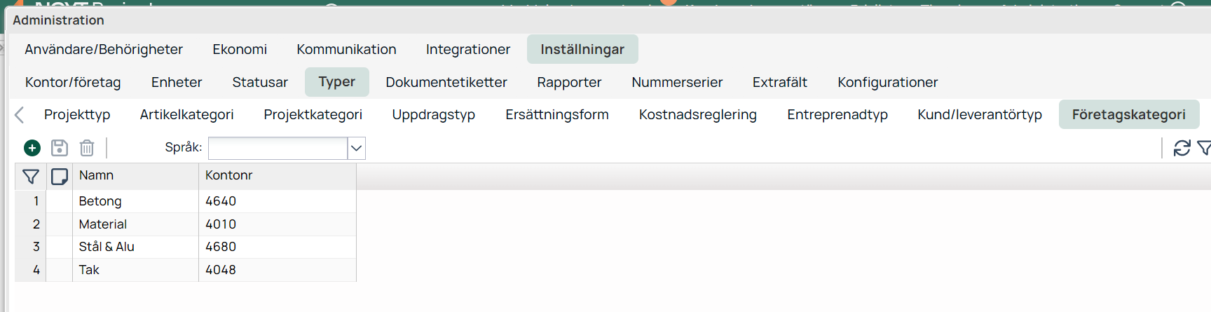 Administration — Inställningar, Typer, Företagskategori lista