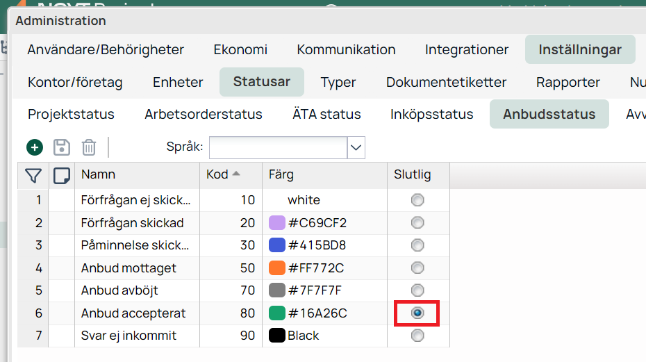 Administration — Anbudsstatus lista med färger och slutlig-markering