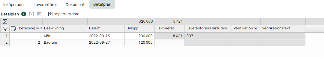 Betalplan-flik med två betalningsrader och belopp