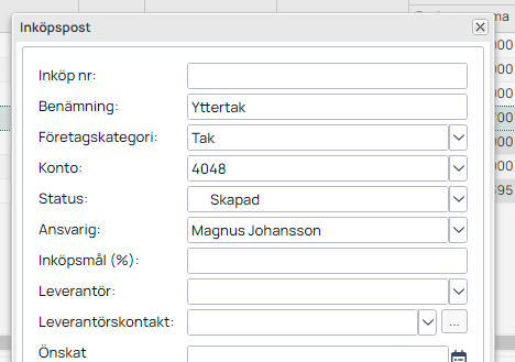 Dialog för ny inköpspost med fält för benämning och kategori