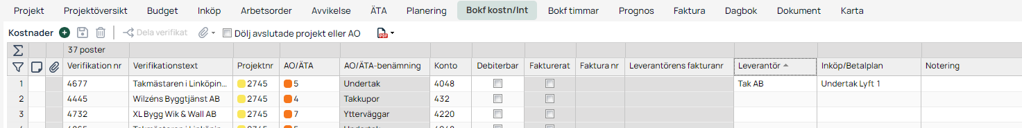 Bokförda kostnader och intäkter — projektlista med verifikationer