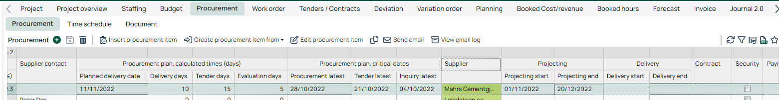 Project Procurement tab with procurement plan columns