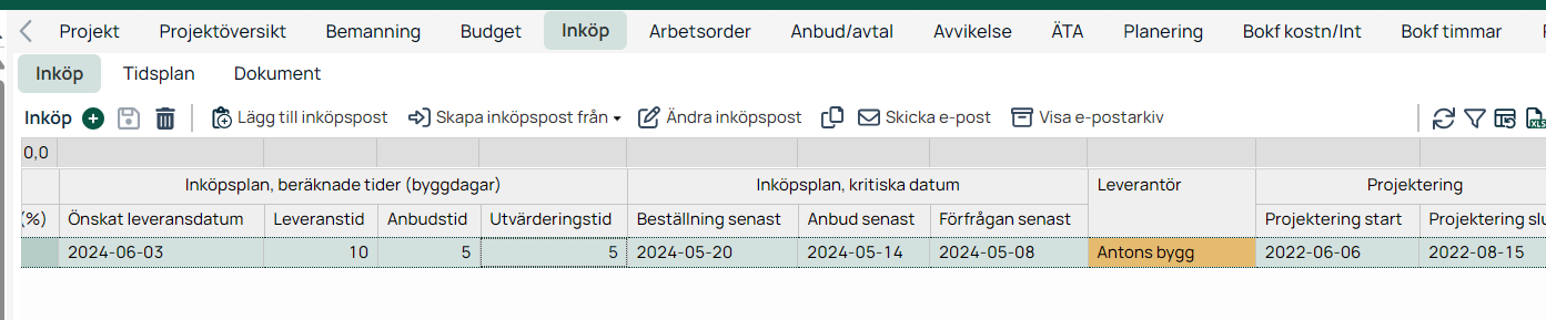 Inköpsmodul — projektets inköpsplan med kritiska datum