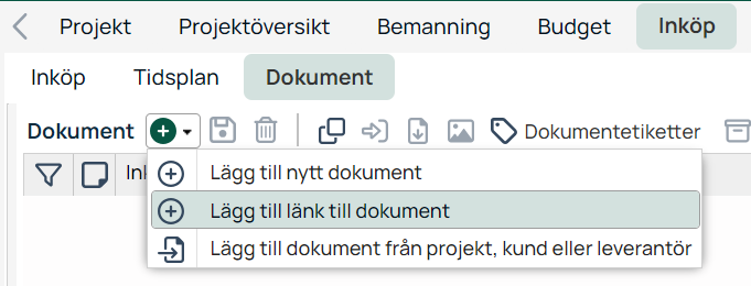 Projekt Inköp — Dokument flik med lägg till-meny öppen
