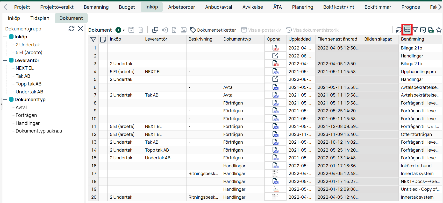 Projektmodul — Inköp Dokument-flik med dokumentlista