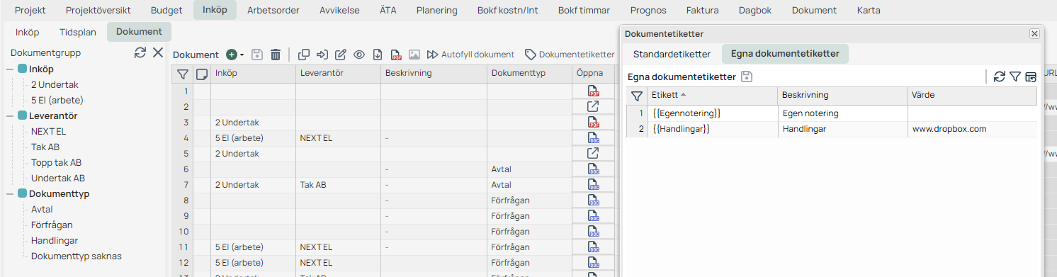 Inköp Dokument — Egna dokumentetiketter dialog öppen