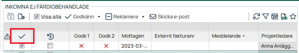 Inkomna ej färdigbehandlade fakturor — lista med godkännandestatus
