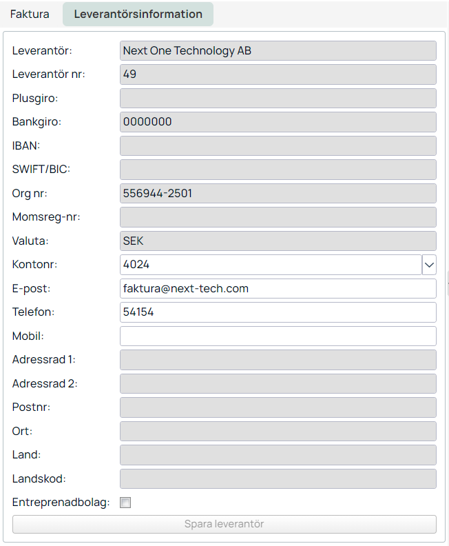 Leverantörsinformation — flik med kontakt- och betalningsuppgifter
