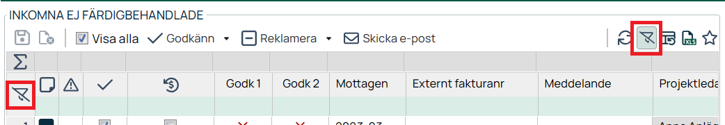 Inkomna ej färdigbehandlade fakturor — filterikon markerad