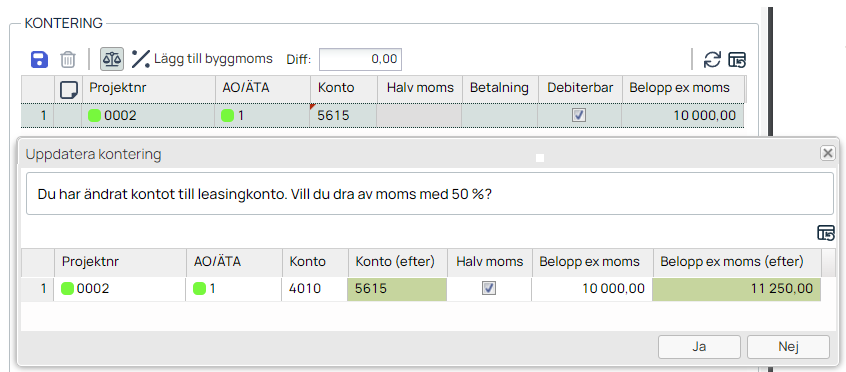 Kontering — dialog om halv moms vid leasingkonto