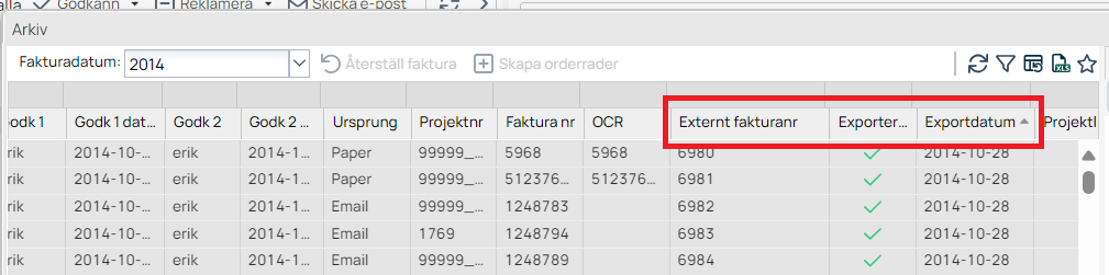 Fakturaarkiv — kolumner för externt fakturanr och exportdatum