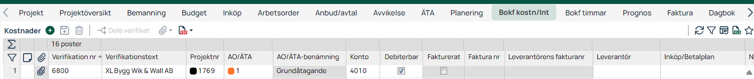 Bokförda kostnader/intäkter — projektmodul med verifikationslista