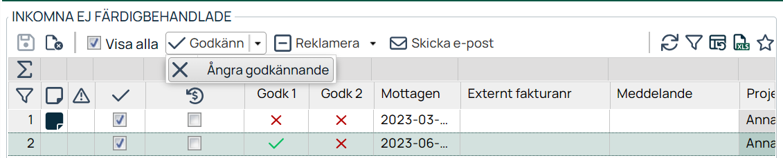 Inkomna ej färdigbehandlade fakturor med godkännandestatus