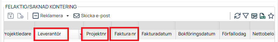 Felaktig/saknad kontering — lista med markerade kolumner
