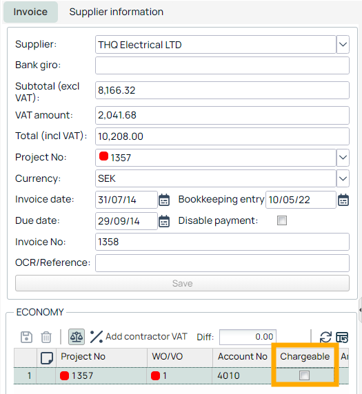 Invoice detail form with Chargeable column highlighted