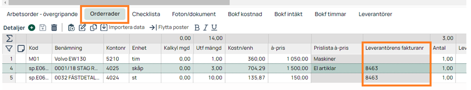 Arbetsorder orderrader med leverantörens fakturanummer markerat