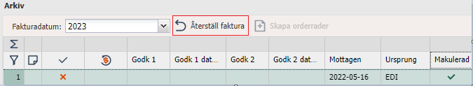 Archive — Restore Invoice dialog with filter