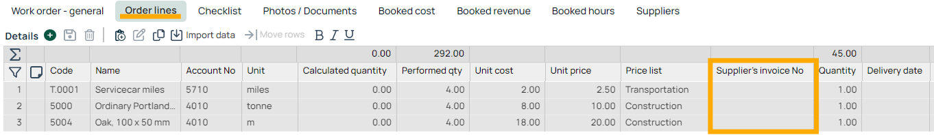 Work Order — Order Lines tab with Supplier's Invoice No highlighted