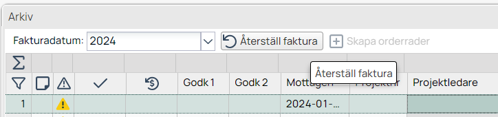 Arkiv — Återställ faktura-dialog med fakturalista