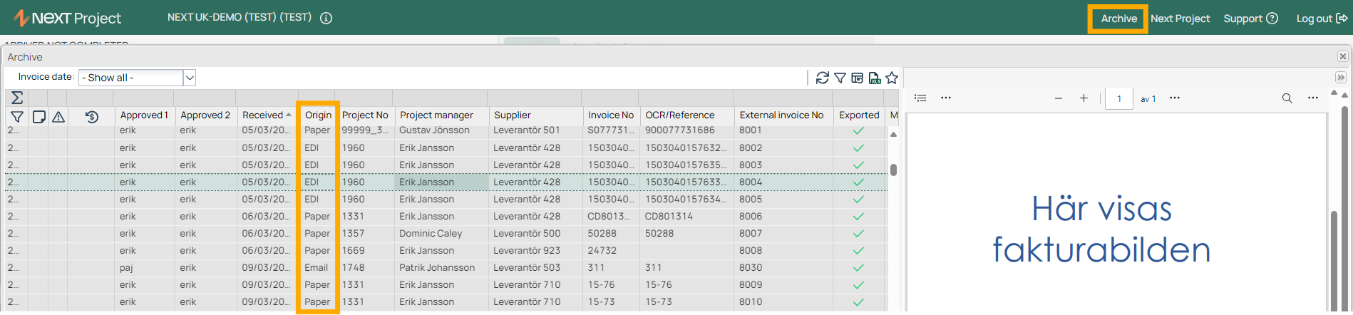NEXT Project — Archive invoice list view