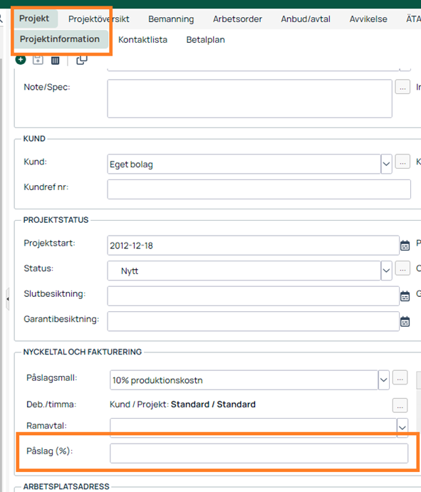Projektinformation — flik med projektstatus och faktureringsinställningar