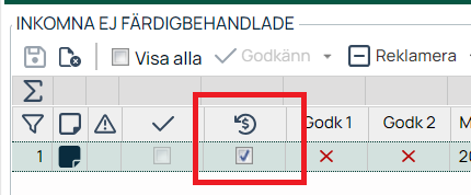 Inkomna ej färdigbehandlade — markerad återställningsknapp i lista