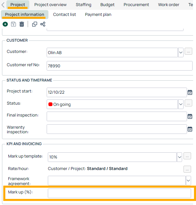 Project Information — KPI and Invoicing section