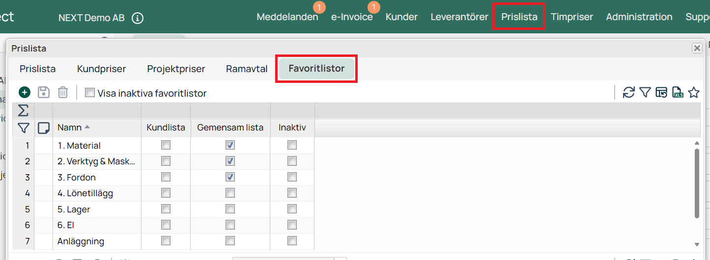 Prislista — Favoritlistor-fanen med oversikt over favorittlister