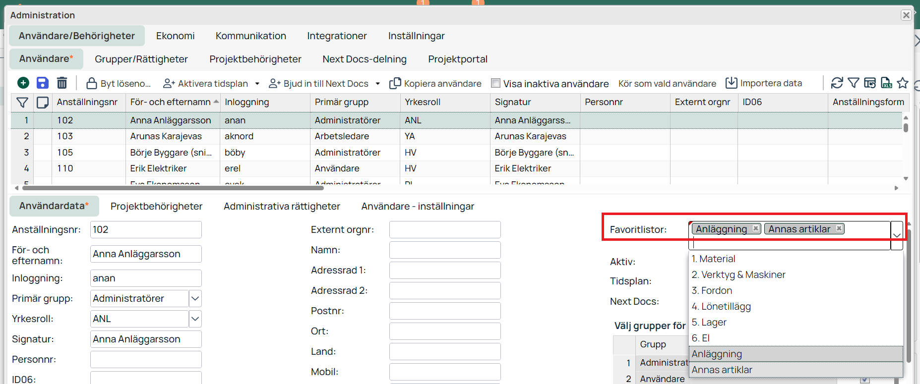 Administration — Användardata med favoritlistor dropdown öppen