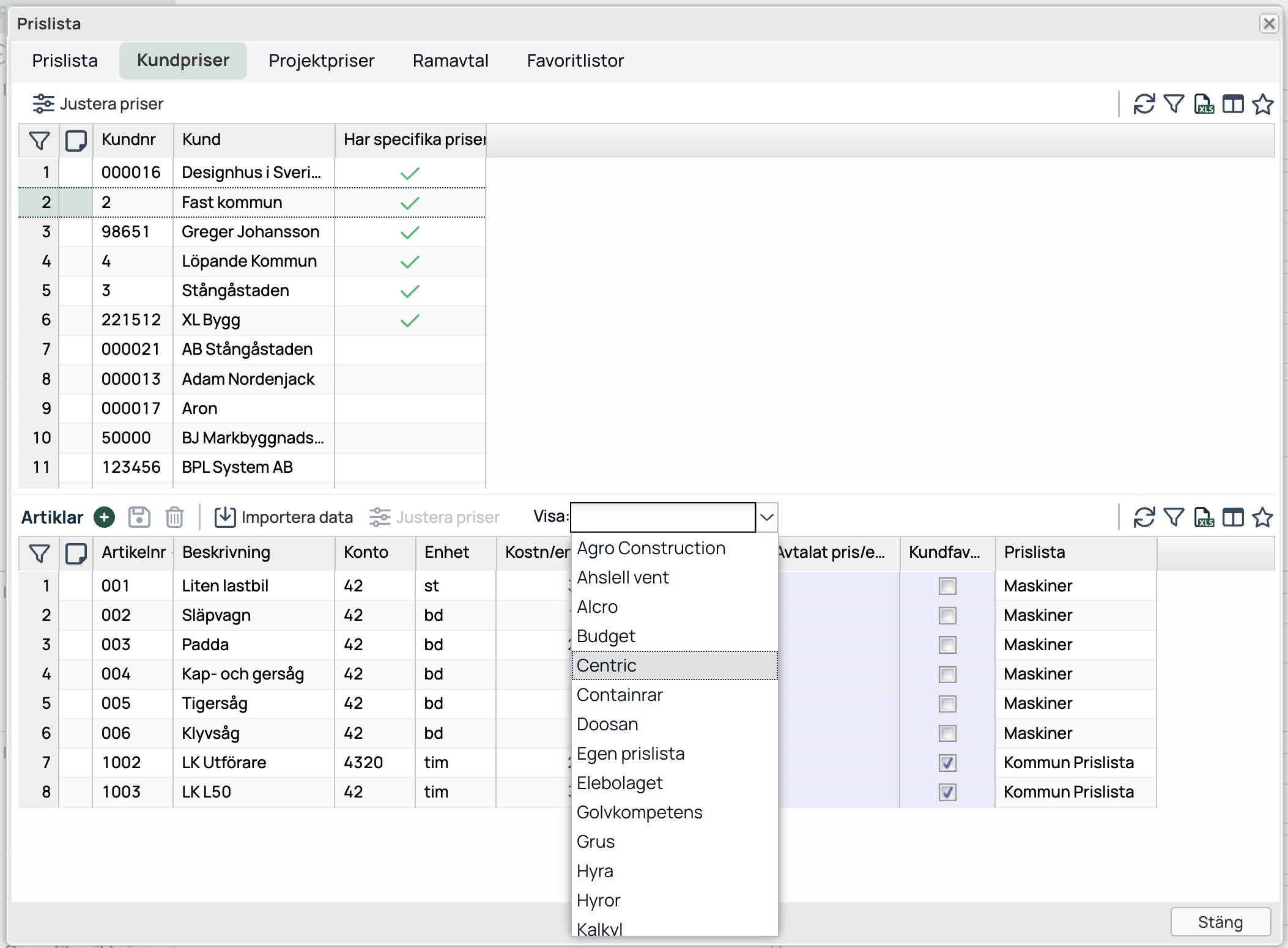 Prislista — Kundpriser med artiklar och prisliste-dropdown öppen