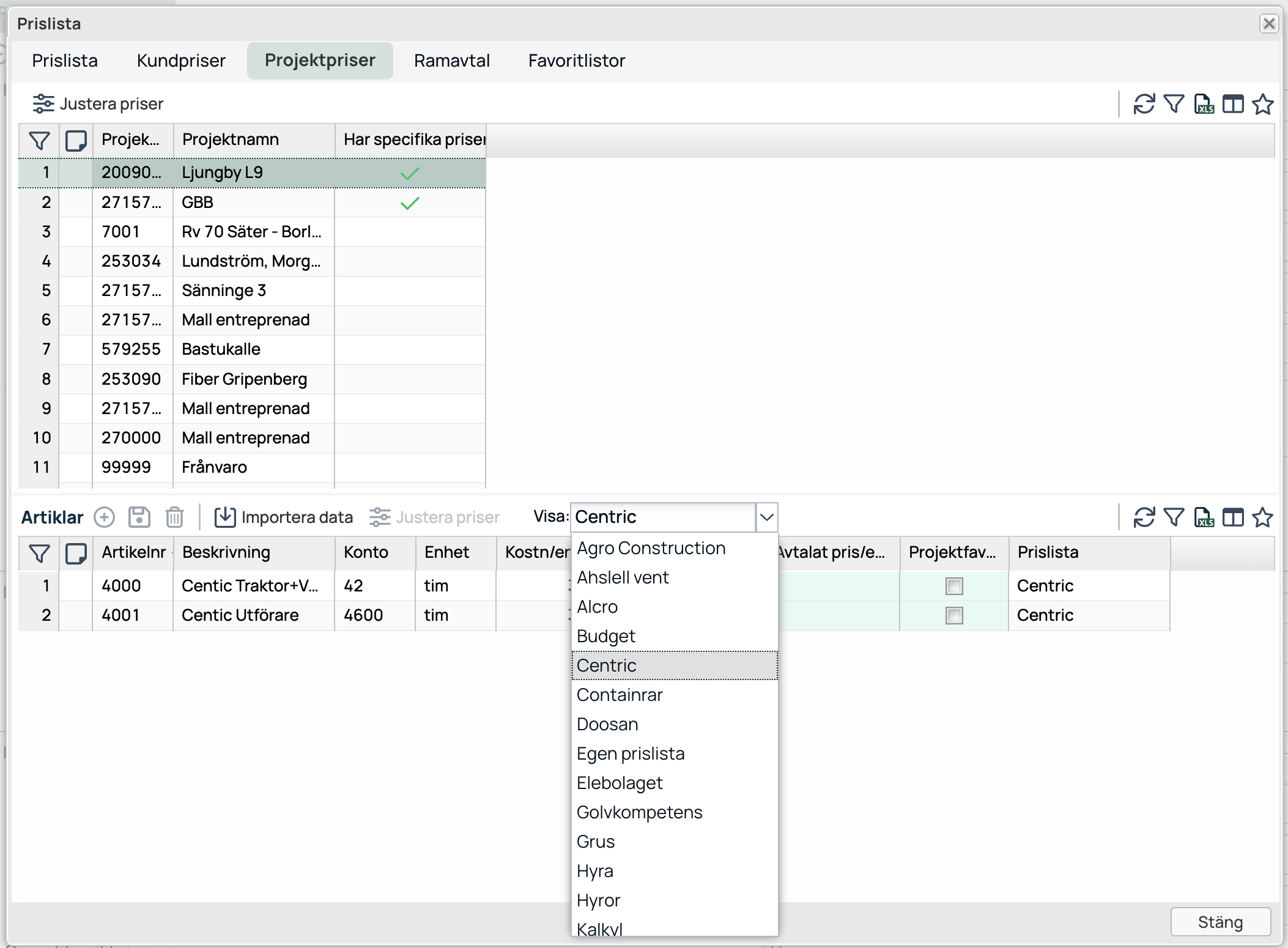 Prislista — Projektpriser med öppen prisliste-dropdown